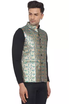 Green printed banarasi nehru-jacket