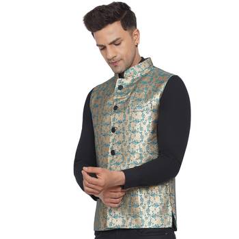 Green printed banarasi nehru-jacket 4