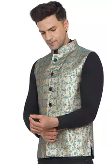 Green printed banarasi nehru-jacket
