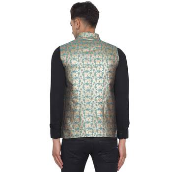 Green printed banarasi nehru-jacket 5