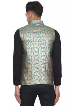 Green printed banarasi nehru-jacket