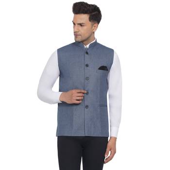 Blue plain poly cotton nehru-jacket 1