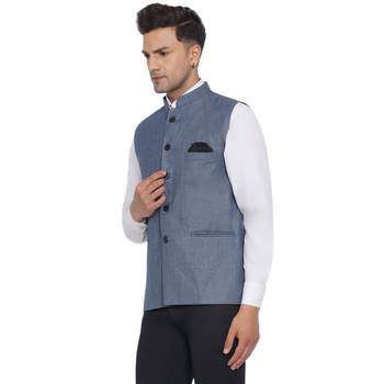 Blue plain poly cotton nehru-jacket 3