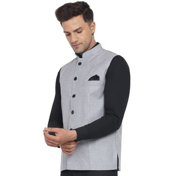 Silver plain poly cotton nehru-jacket 3