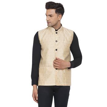 Beige printed jaquard nehru-jacket 1