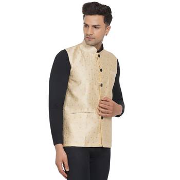 Beige printed jaquard nehru-jacket 2