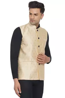 Beige printed jaquard nehru-jacket