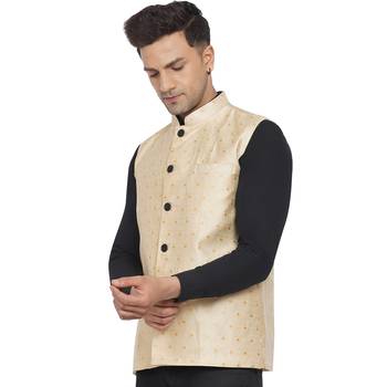 Beige printed jaquard nehru-jacket 3