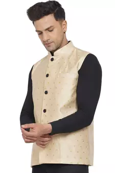 Beige printed jaquard nehru-jacket