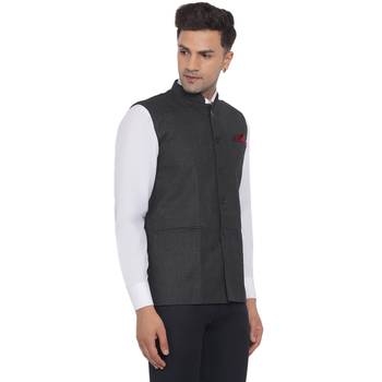 Black plain poly cotton nehru-jacket 2