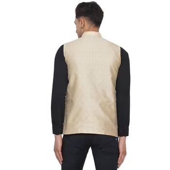 Beige printed jaquard nehru-jacket 4