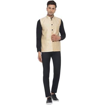 Beige printed jaquard nehru-jacket 5