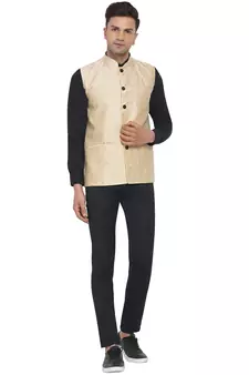 Beige printed jaquard nehru-jacket