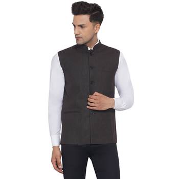 Brown plain poly cotton nehru-jacket 1