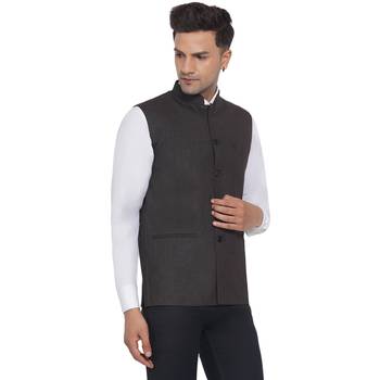 Brown plain poly cotton nehru-jacket 2