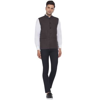 Brown plain poly cotton nehru-jacket 4