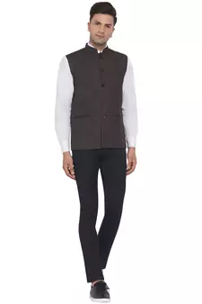 Brown plain poly cotton nehru-jacket
