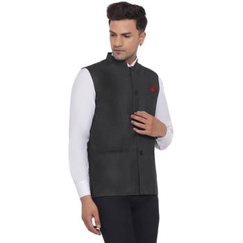 Grey plain poly cotton nehru-jacket 2