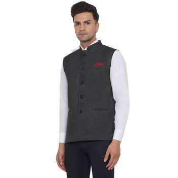 Grey plain poly cotton nehru-jacket 3