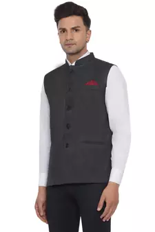 Grey plain poly cotton nehru-jacket