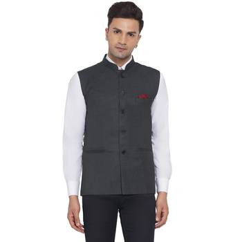 Grey plain poly cotton nehru-jacket 1