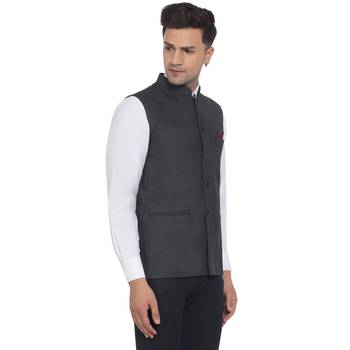 Grey plain poly cotton nehru-jacket 3