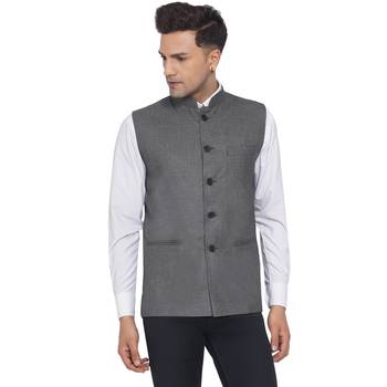 Grey plain poly cotton nehru-jacket 1