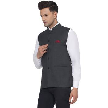 Grey plain poly cotton nehru-jacket 4