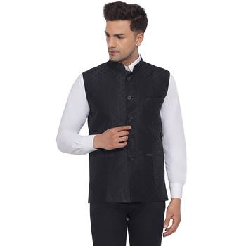 Black printed jaquard nehru-jacket 1