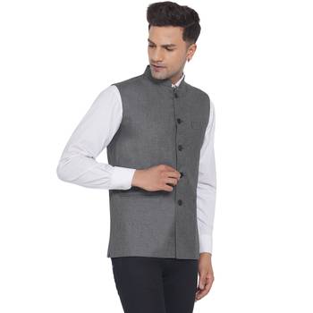 Grey plain poly cotton nehru-jacket 3