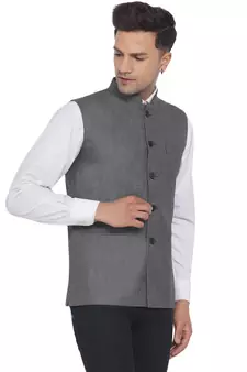 Grey plain poly cotton nehru-jacket