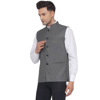 Grey plain poly cotton nehru-jacket 4