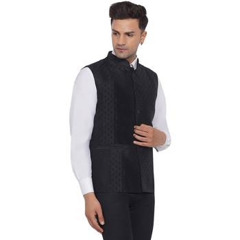 Black printed jaquard nehru-jacket 3