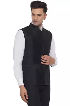 Black printed jaquard nehru-jacket