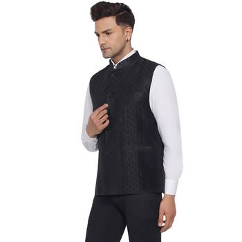 Black printed jaquard nehru-jacket 4