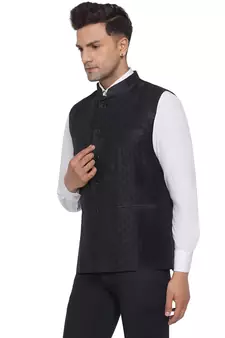 Black printed jaquard nehru-jacket