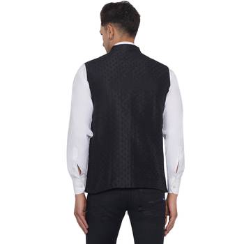 Black printed jaquard nehru-jacket 5