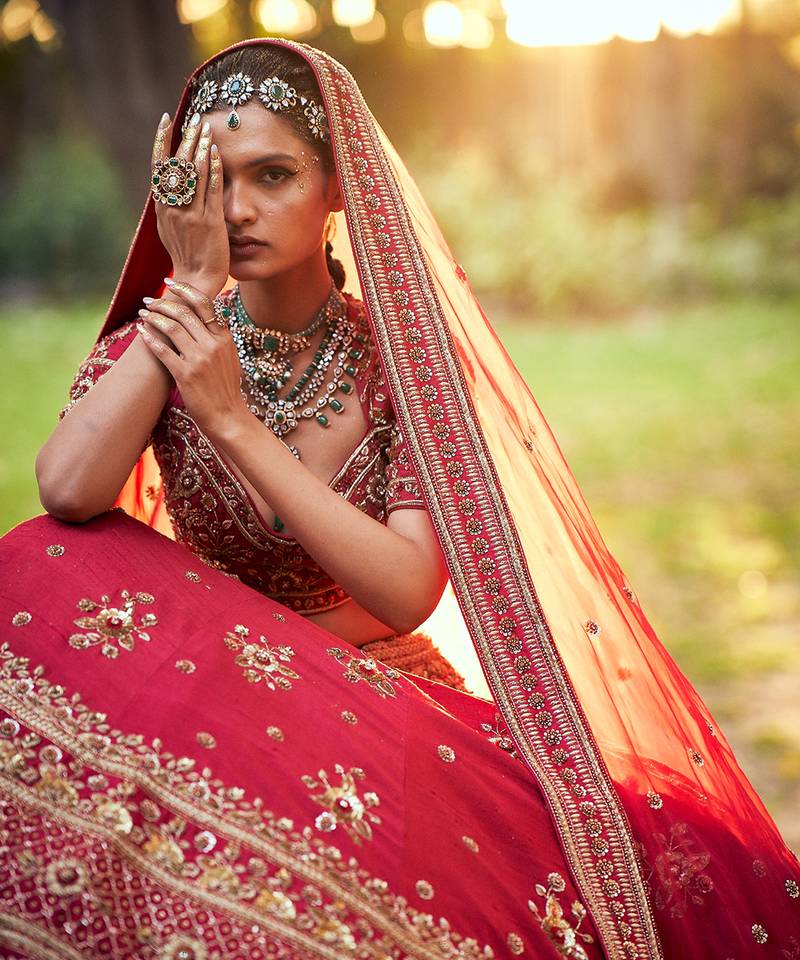 Jester Red Fitted Blouse With Flared Lehenga