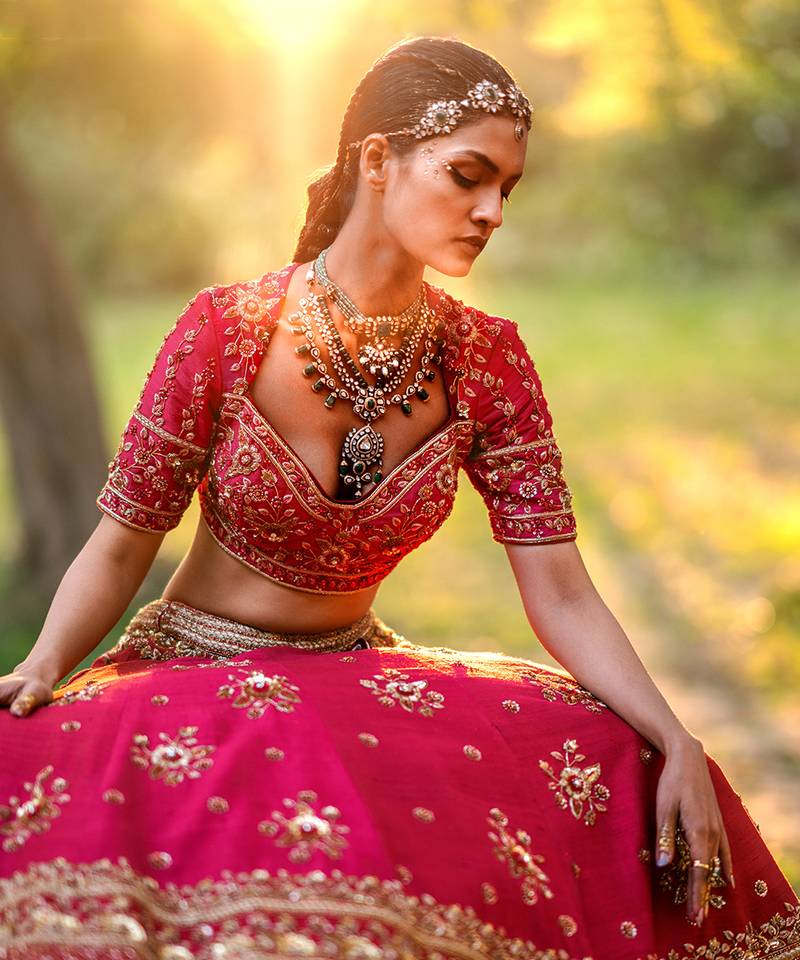 Jester Red Fitted Blouse With Flared Lehenga
