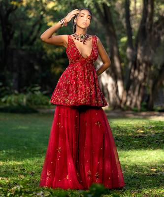 Red Fitted Sleeveless Kurta With Flared Sharara 1