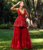 Red Fitted Sleeveless Kurta With Flared Sharara