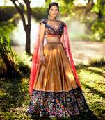 Classic Blue Fitted Blouse With Flared Lehenga