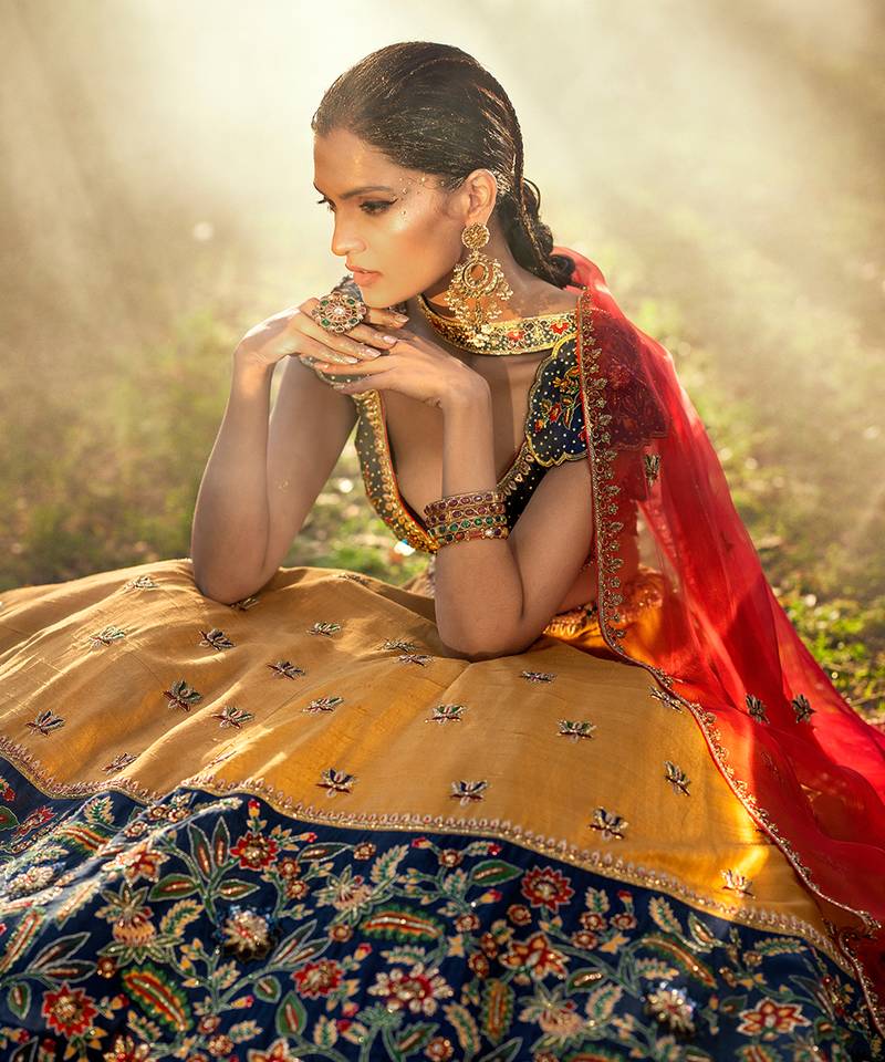 Classic Blue Fitted Blouse With Flared Lehenga