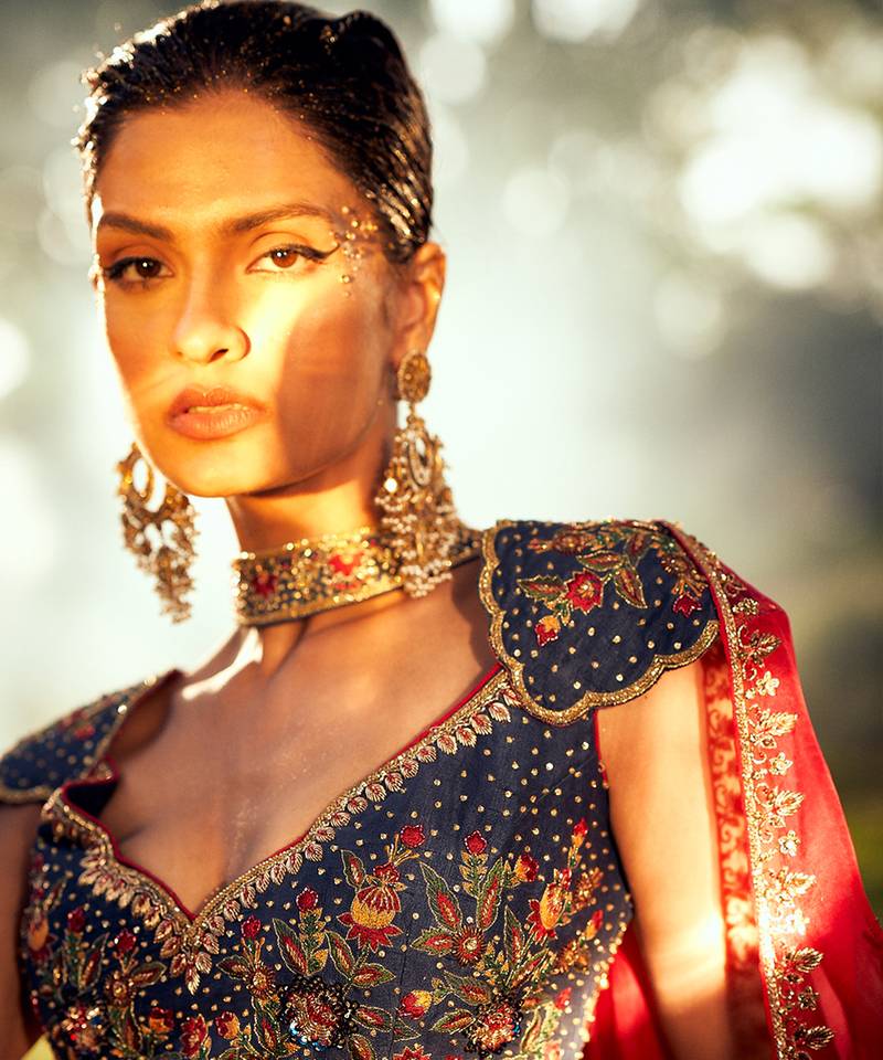 Classic Blue Fitted Blouse With Flared Lehenga