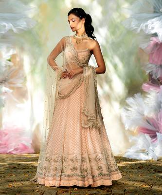 Champagne Pink Fitted Blouse With Flared Lehenga 1