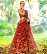 Burgundy Wine Fitted Blouse With Flared Lehenga