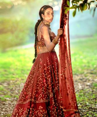 Burgundy Wine Fitted Blouse With Flared Lehenga 2