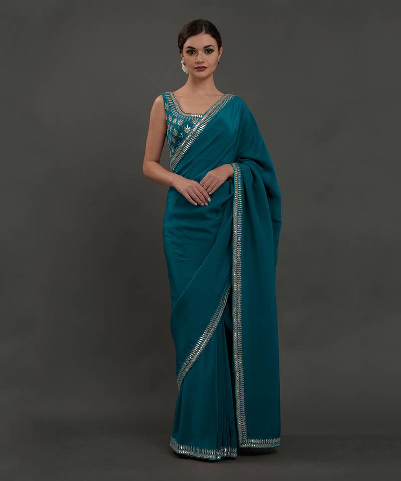 Oceanside Blue Hand Embroidered Gota Patti Saree