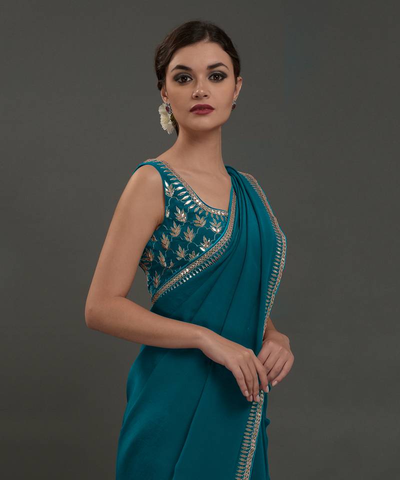 Oceanside Blue Hand Embroidered Gota Patti Saree