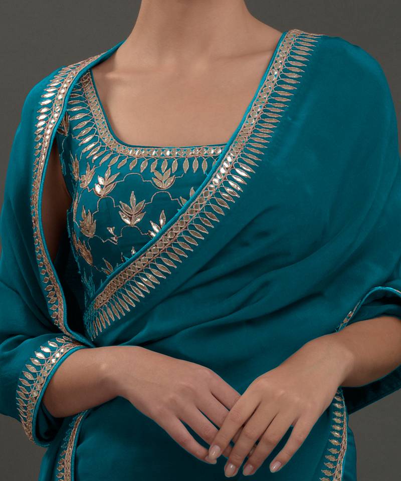 Oceanside Blue Hand Embroidered Gota Patti Saree